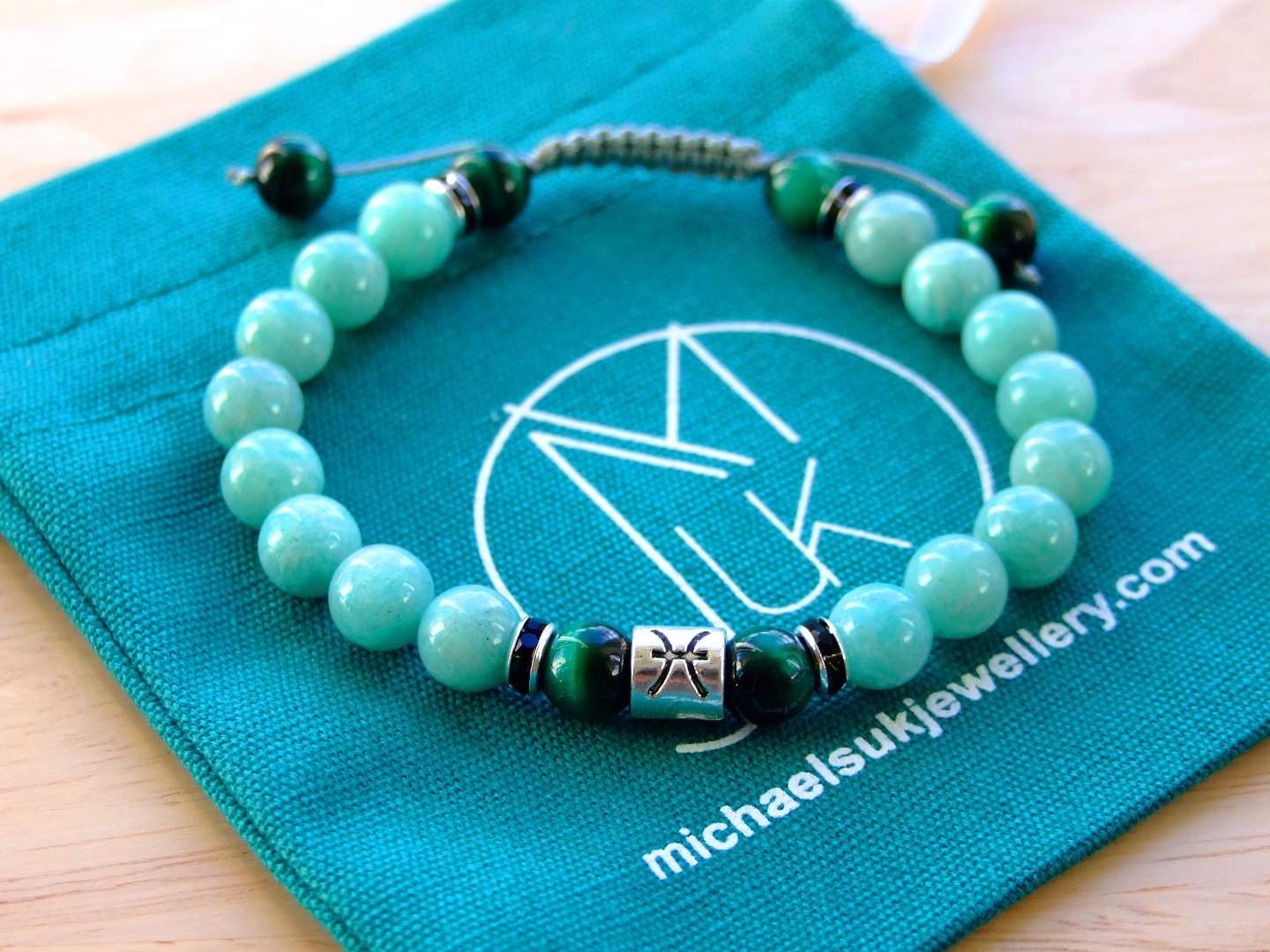 Pisces Amazonite Tigers Eye Birthstone Bracelet 6-9'' Macrame Michael's UK Jewellery