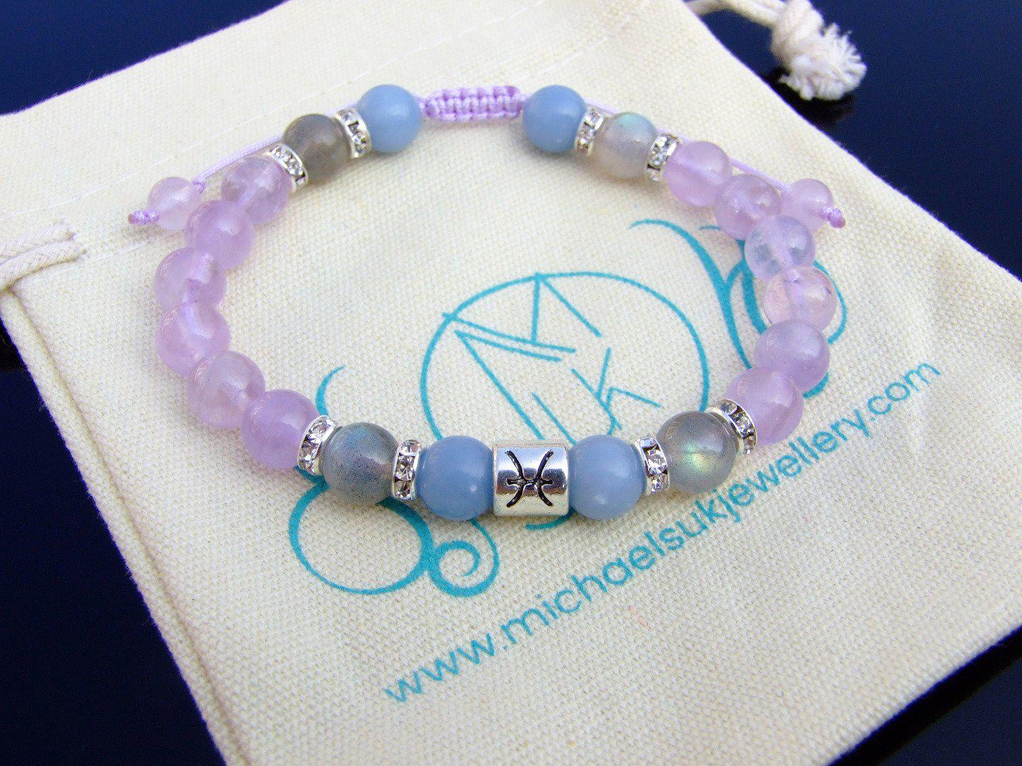 Pisces Amethyst Angelite Labradorite Birthstone Bracelet 6-9'' Macrame Michael's UK Jewellery