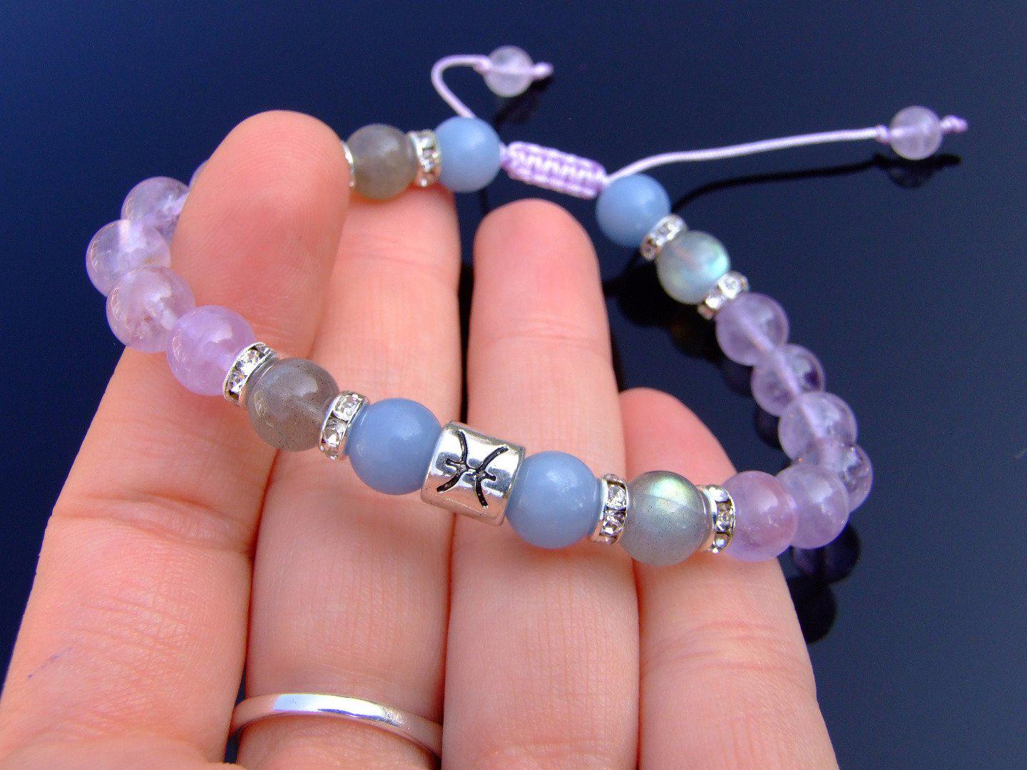 Pisces Amethyst Angelite Labradorite Birthstone Bracelet 6-9'' Macrame Michael's UK Jewellery