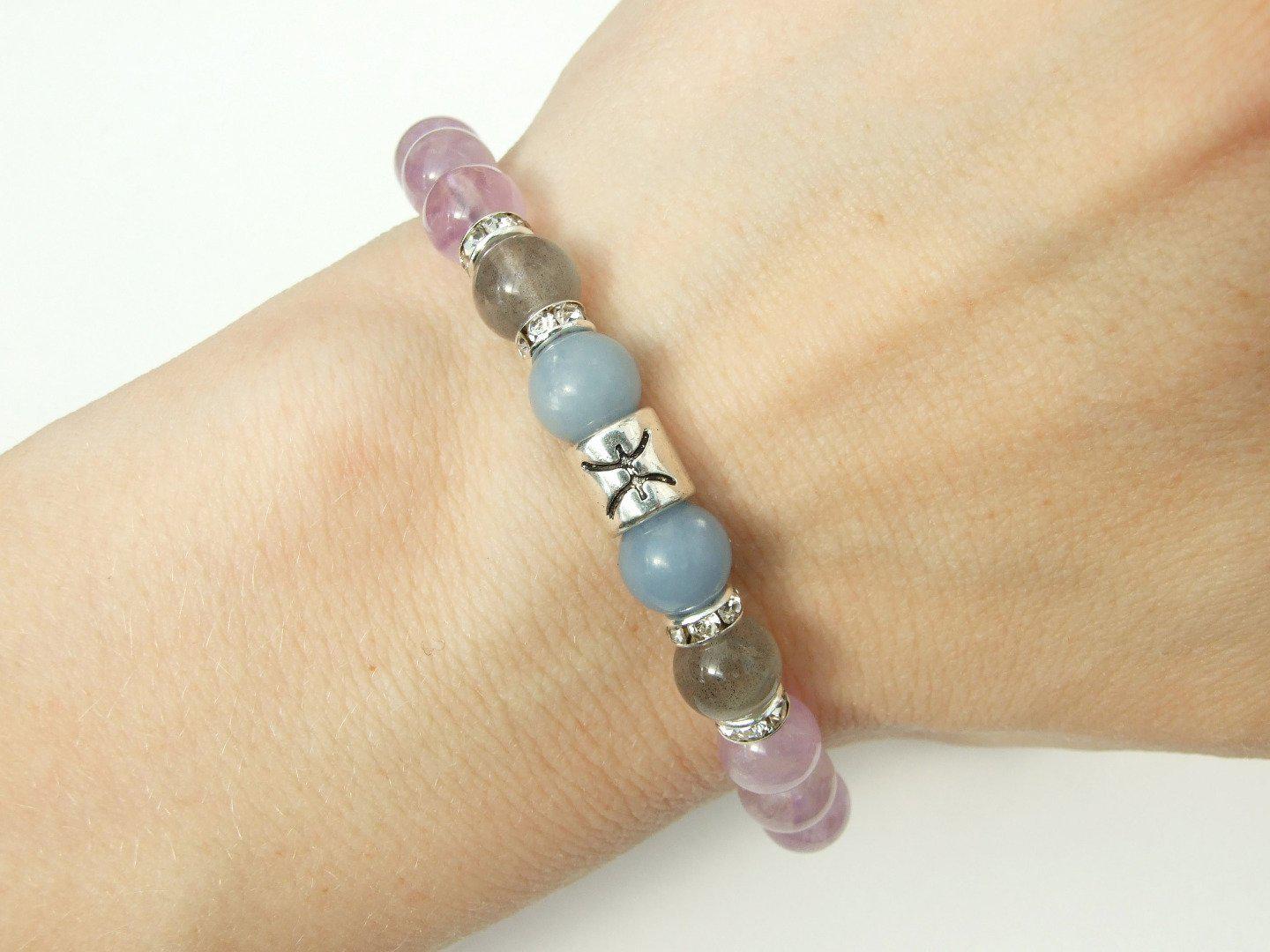 Pisces Amethyst Angelite Labradorite Birthstone Bracelet 6-9'' Macrame Michael's UK Jewellery