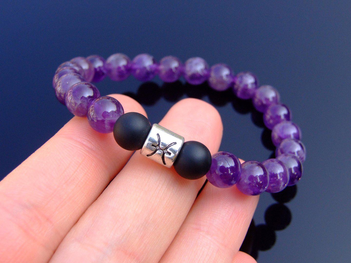 Pisces Amethyst Onyx Birthstone Bracelet 6-9'' Elasticated Michael's UK Jewellery