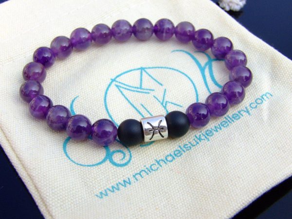 Pisces Amethyst Onyx Birthstone Bracelet 6-9'' Elasticated Michael's UK Jewellery