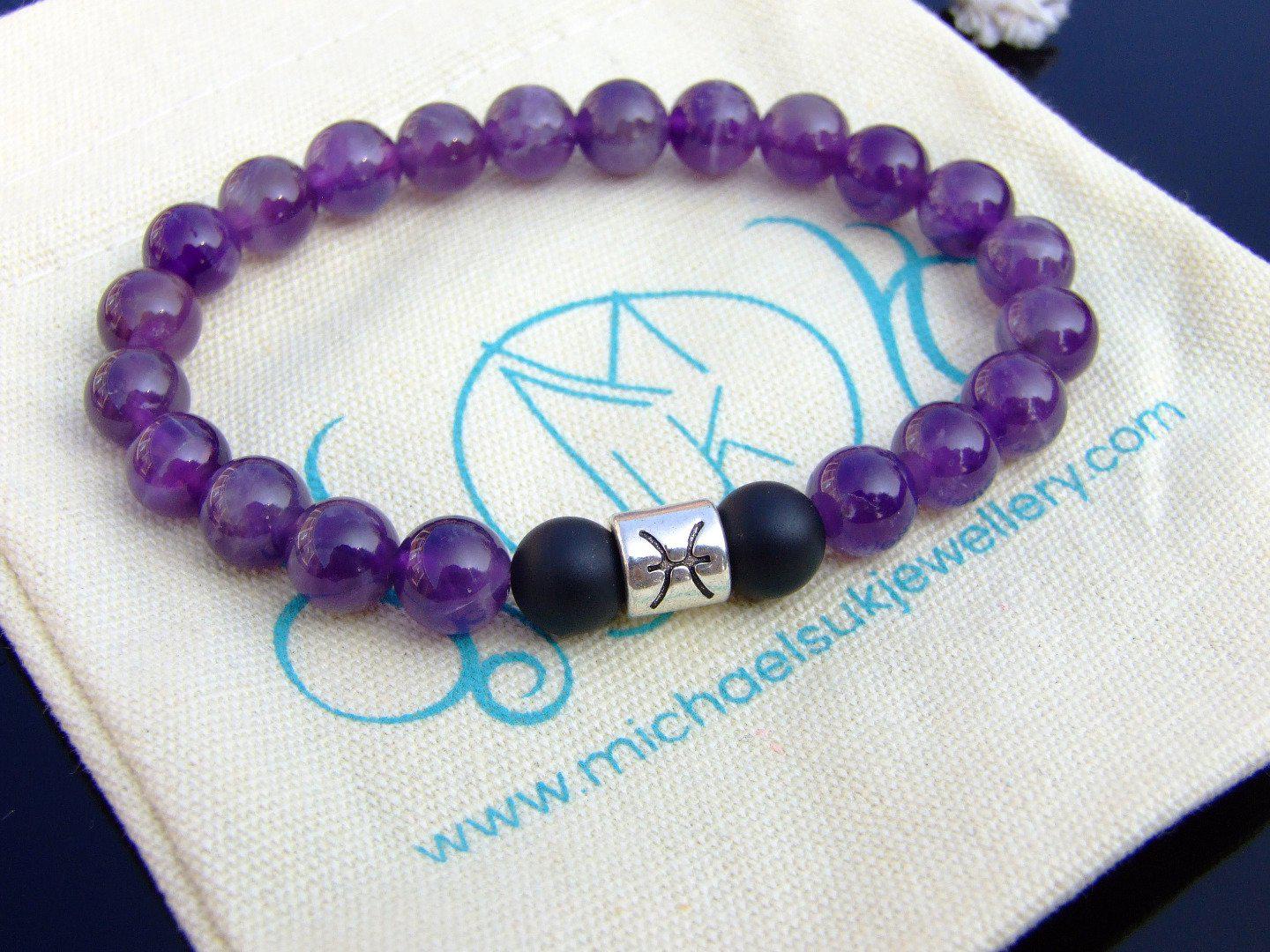 Pisces Amethyst Onyx Birthstone Bracelet 6-9'' Elasticated Michael's UK Jewellery