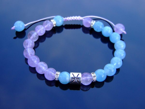 Pisces Aquamarine Amethyst Birthstone Bracelet 6-9'' Macrame Michael's UK Jewellery