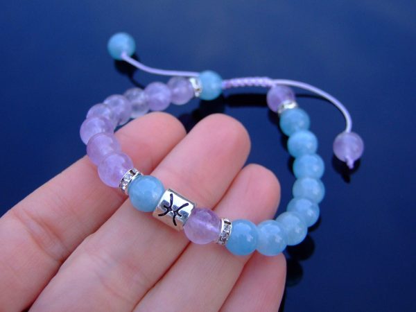 Pisces Aquamarine Amethyst Birthstone Bracelet 6-9'' Macrame Michael's UK Jewellery
