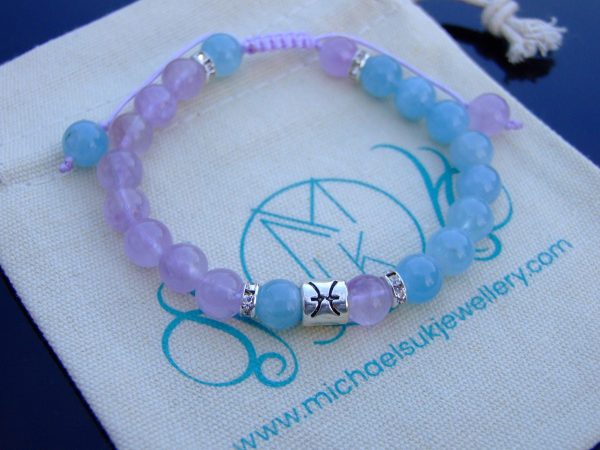 Pisces Aquamarine Amethyst Birthstone Bracelet 6-9'' Macrame Michael's UK Jewellery