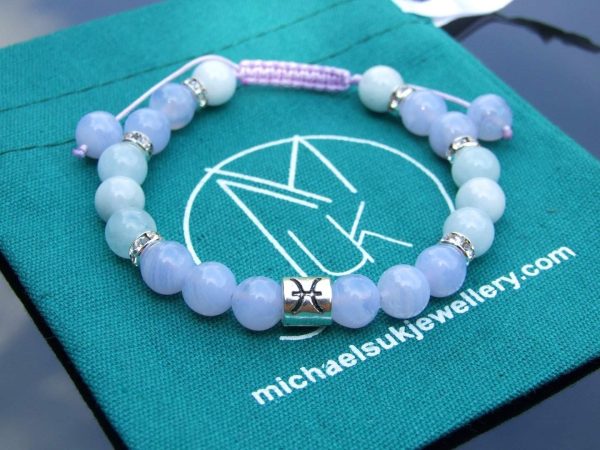 Pisces Blue Lace Agate Aquamarine Birthstone Bracelet 6-9'' Macrame Michael's UK Jewellery