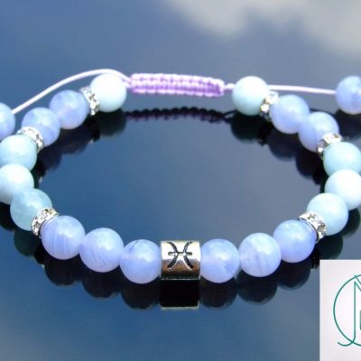 Pisces Blue Lace Agate Aquamarine Birthstone Bracelet 6-9'' Macrame Michael's UK Jewellery
