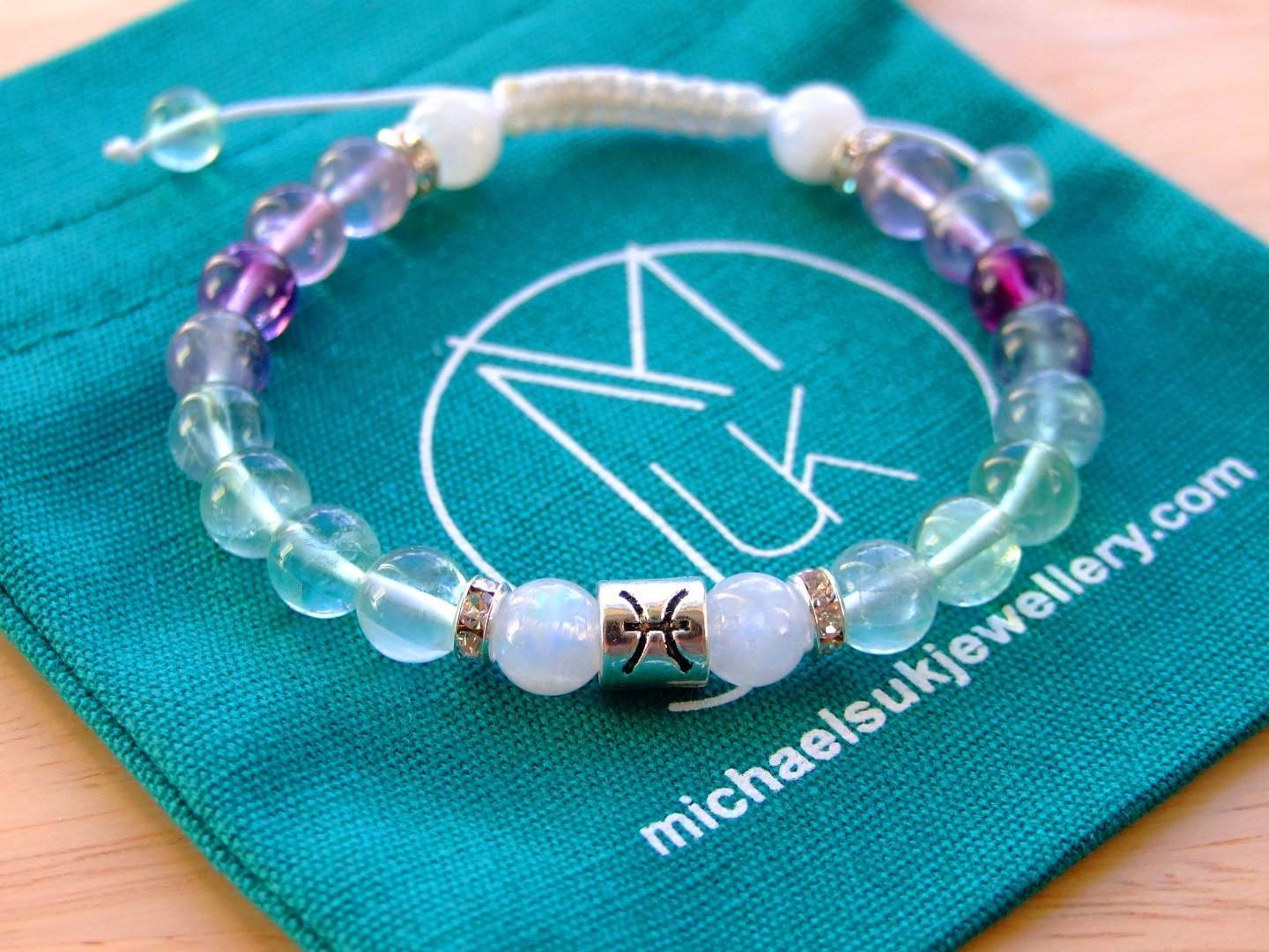 Pisces Moonstone Fluorite Birthstone Bracelet 6-9'' Macrame Michael's UK Jewellery
