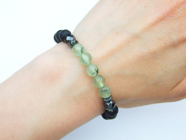 Prehnite and Lava Natural Gemstone Bracelet 6-9'' Elasticated Michael's UK Jewellery