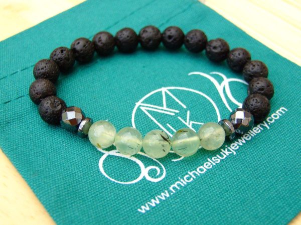 Prehnite and Lava Natural Gemstone Bracelet 6-9'' Elasticated Michael's UK Jewellery