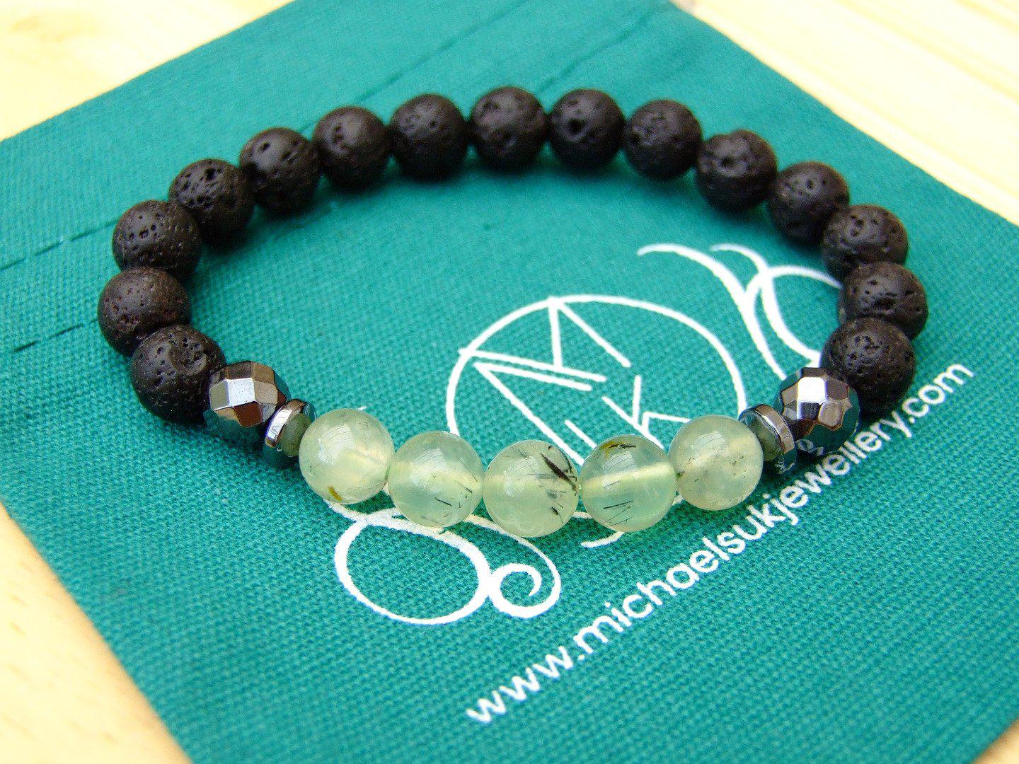 Prehnite and Lava Natural Gemstone Bracelet 6-9'' Elasticated Michael's UK Jewellery