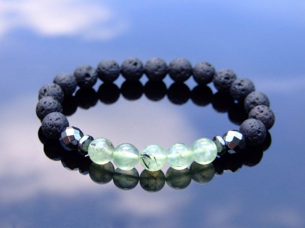 Prehnite and Lava Natural Gemstone Bracelet 6-9'' Elasticated Michael's UK Jewellery