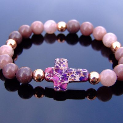 Purple Aventurine Cross Natural Gemstone Bracelet 6-9'' Elasticated Michael's UK Jewellery