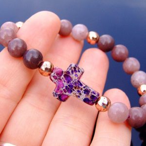 Purple Aventurine Cross Natural Gemstone Bracelet 6-9'' Elasticated Michael's UK Jewellery