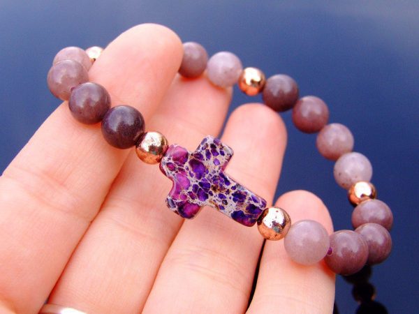 Purple Aventurine Cross Natural Gemstone Bracelet 6-9'' Elasticated Michael's UK Jewellery