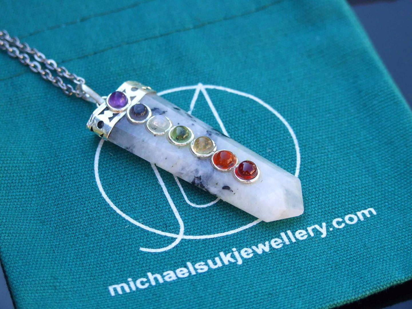 Rainbow Moonstone 7 Chakra Natural Gemstone Pendant Necklace 50cm Michael's UK Jewellery