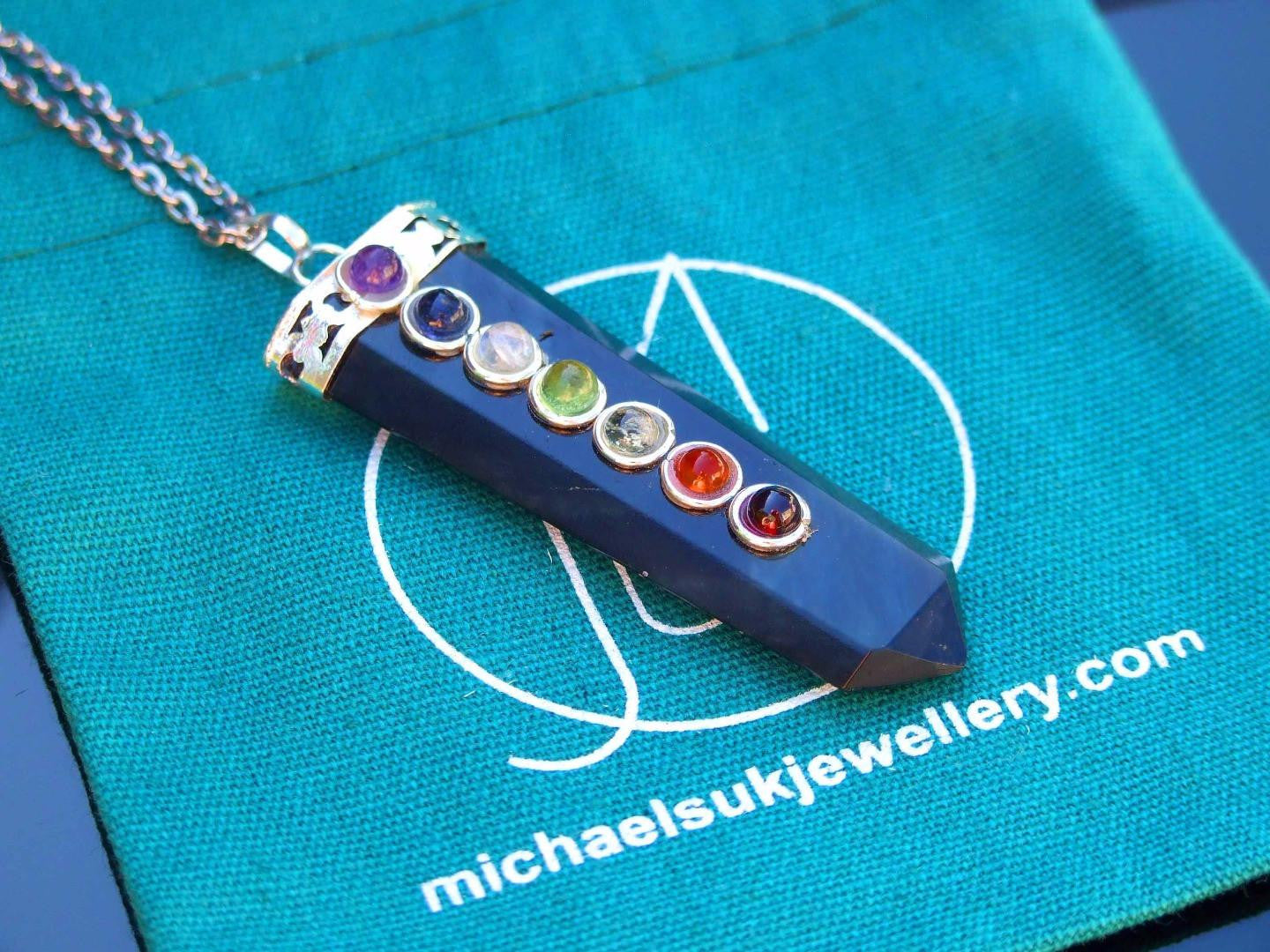 Rainbow Obsidian 7 Chakra Natural Gemstone Pendant Necklace 50cm Michael's UK Jewellery