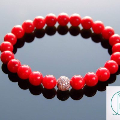 Red Coral Rose Gold Micro Pave Natural Dyed Gemstone Bracelet 6-9'' Elasticated Michael's UK Jewellery