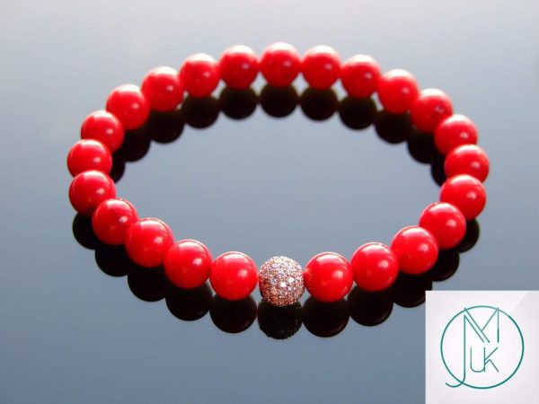 Red Coral Rose Gold Micro Pave Natural Dyed Gemstone Bracelet 6-9'' Elasticated Michael's UK Jewellery