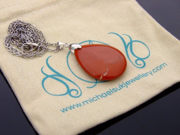 Red Jasper Necklace Tear Pendant Natural Gemstone 50cm Chain with Pouch Michael's UK Jewellery