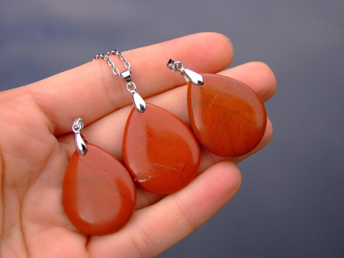 Red Jasper Necklace Tear Pendant Natural Gemstone 50cm Chain with Pouch Michael's UK Jewellery
