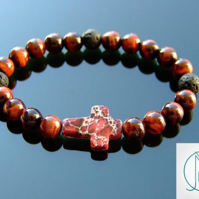 Red Tigers Eye Jasper Cross Natural Gemstone Bracelet 6-9'' Elasticated Michael's UK Jewellery