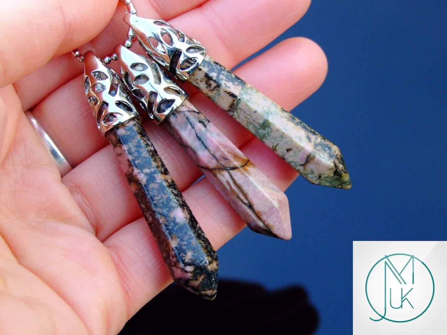 Rhodonite Long Point Pendant Gemstone Necklace Michael's UK Jewellery