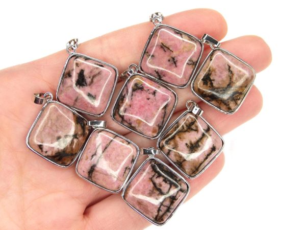 Rhodonite Necklace Square Shape Pendant Natural Gemstone with Pouch Michael's UK Jewellery