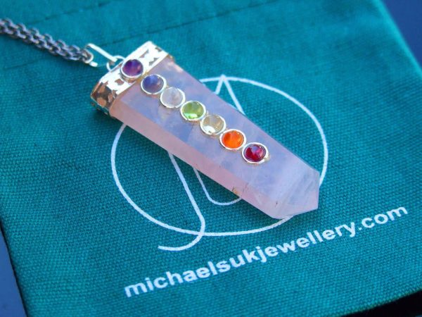 Rose Quartz 7 Chakra Natural Gemstone Pendant Necklace 50cm Michael's UK Jewellery