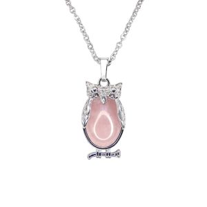 Rose Quartz Necklace Owl Pendant Natural Gemstone With Pouch Michael's UK Jewellery