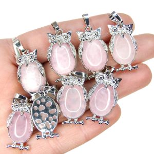 Rose Quartz Necklace Owl Pendant Natural Gemstone With Pouch Michael's UK Jewellery