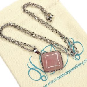 Rose Quartz Necklace Square Shape Pendant Natural Gemstone with Pouch Michael's UK Jewellery