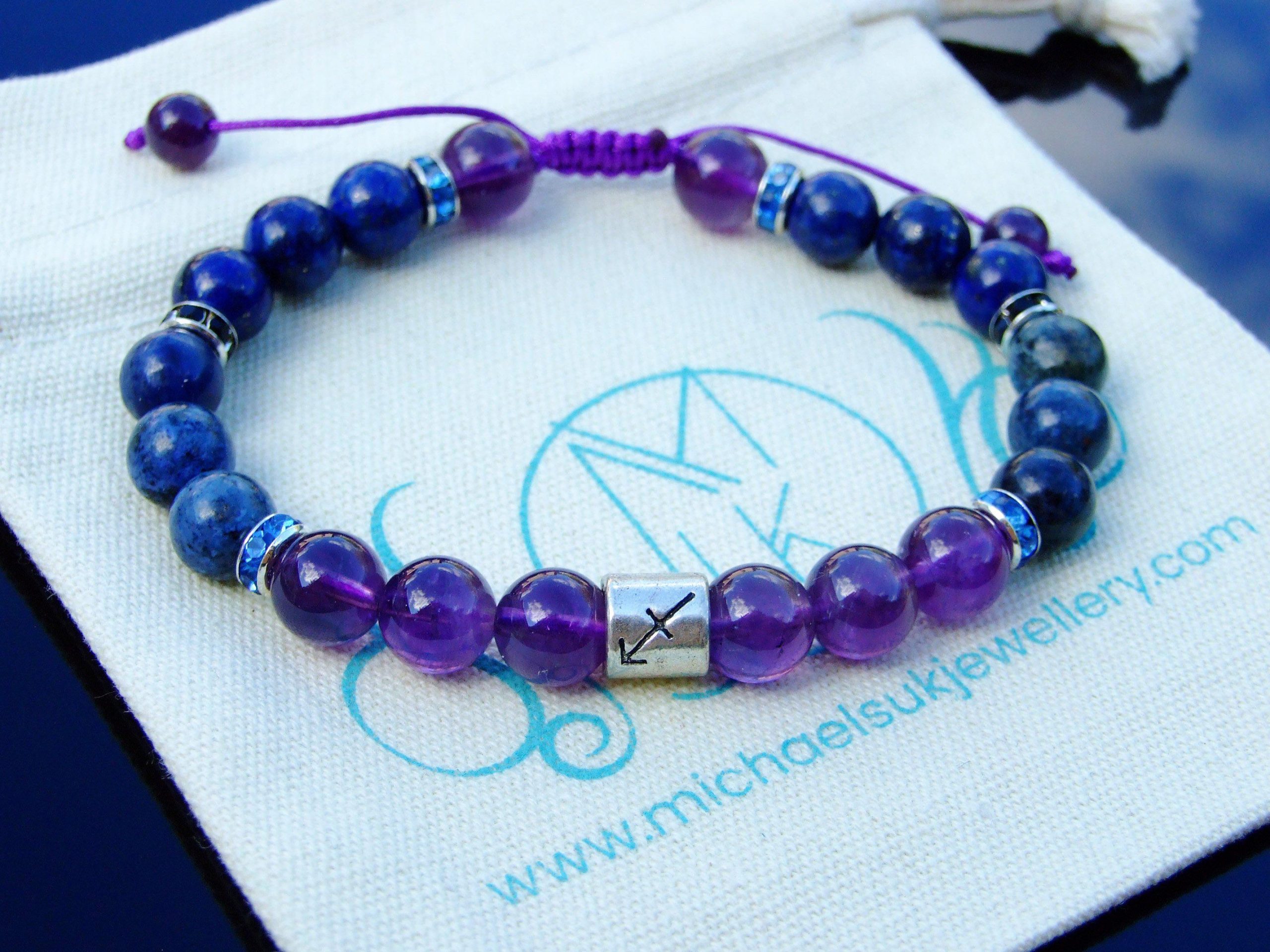 Sagittarius Amethyst Dumortierite Lapis Birthstone Bracelet 6-9'' Macrame Michael's UK Jewellery