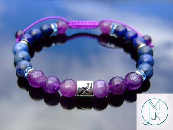 Sagittarius Amethyst Dumortierite Lapis Birthstone Bracelet 6-9'' Macrame Michael's UK Jewellery