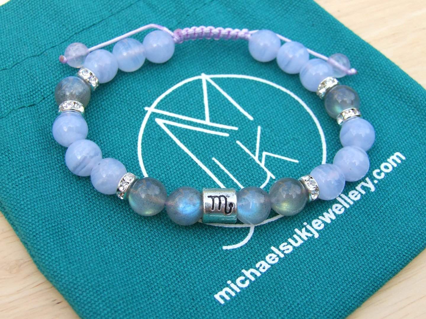 Scorpio Fire Labradorite Blue Lace Agate Birthstone Bracelet 6-9'' Macrame Michael's UK Jewellery