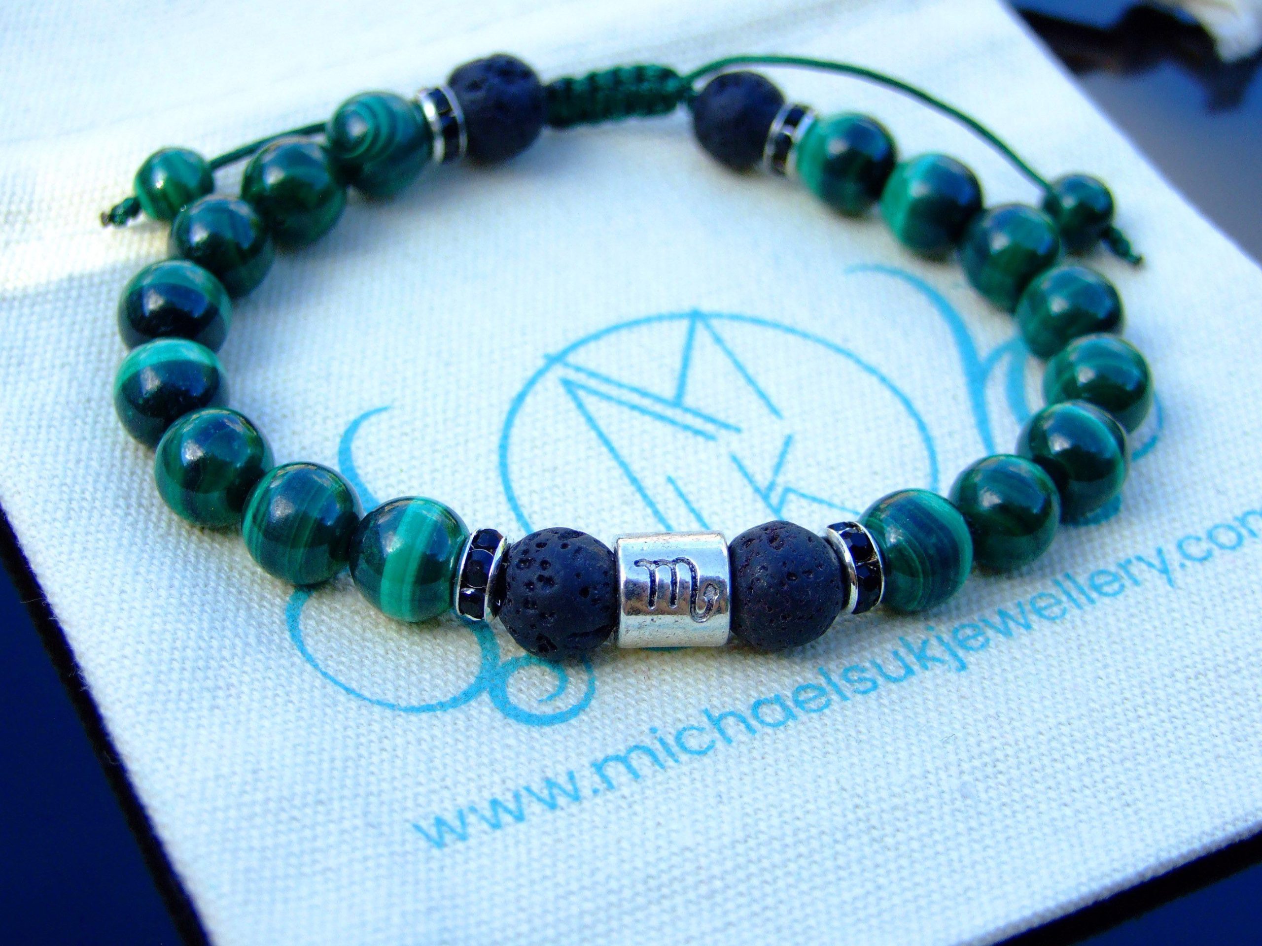 Scorpio Malachite Lava Birthstone Bracelet 6-9'' Macrame Michael's UK Jewellery