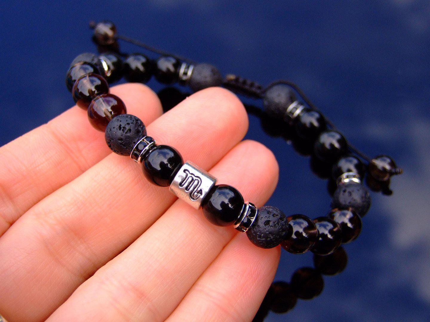 Scorpio Obsidian Smoky Quartz Lava Birthstone Bracelet 6-9'' Macrame Michael's UK Jewellery