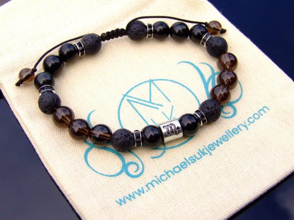 Scorpio Obsidian Smoky Quartz Lava Birthstone Bracelet 6-9'' Macrame Michael's UK Jewellery