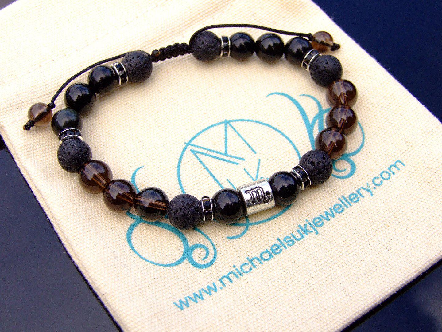 Scorpio Obsidian Smoky Quartz Lava Birthstone Bracelet 6-9'' Macrame Michael's UK Jewellery