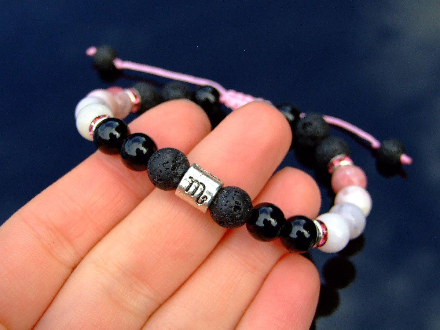 Scorpio Pink Opal Onyx Lava Birthstone Bracelet 6-9'' Macrame Michael's UK Jewellery
