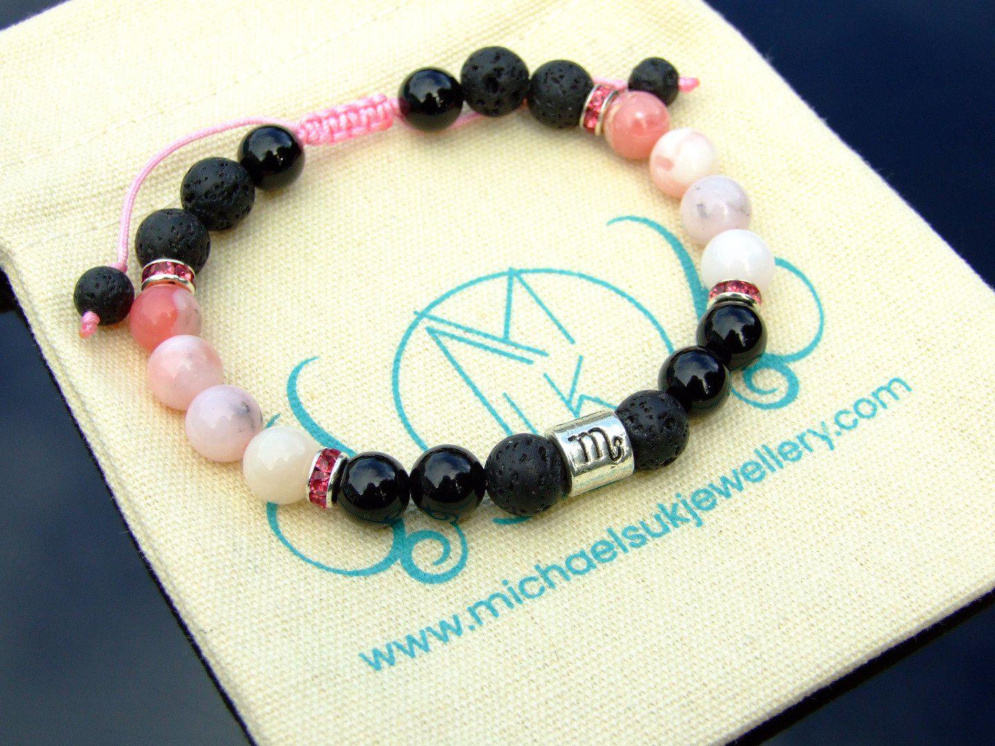 Scorpio Pink Opal Onyx Lava Birthstone Bracelet 6-9'' Macrame Michael's UK Jewellery