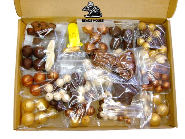 Silicone Teething Beads Set Chocolate Gold Mix Over 160 Beads 5m Cord beads mouse