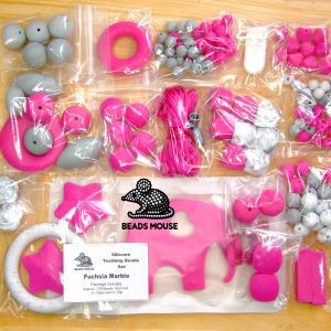 Silicone Teething Beads Set Fuchsia Marble Over 130 Beads 5m Cord beads mouse