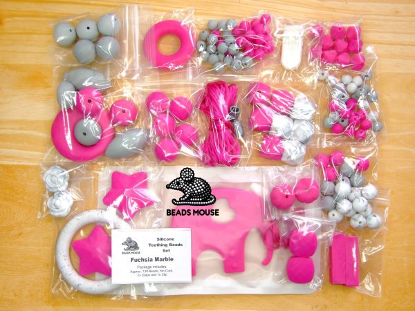 Silicone Teething Beads Set Fuchsia Marble Over 130 Beads 5m Cord beads mouse