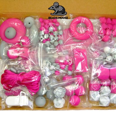 Silicone Teething Beads Set Fuchsia Marble Over 130 Beads 5m Cord beads mouse