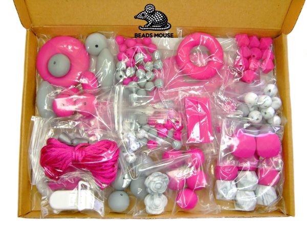 Silicone Teething Beads Set Fuchsia Marble Over 130 Beads 5m Cord beads mouse