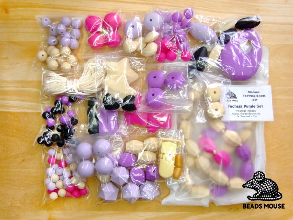 Silicone Teething Beads Set Fuchsia Purple Set Over 160 Beads mouse