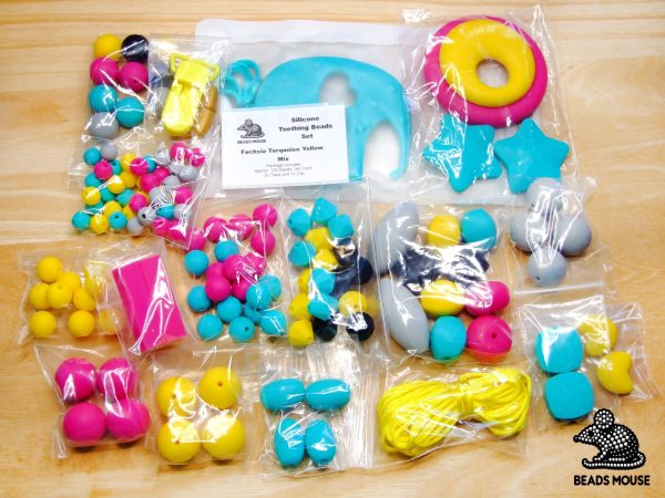 Silicone Teething Beads Set Fuchsia Turquoise Yellow 130 Beads - Image 2