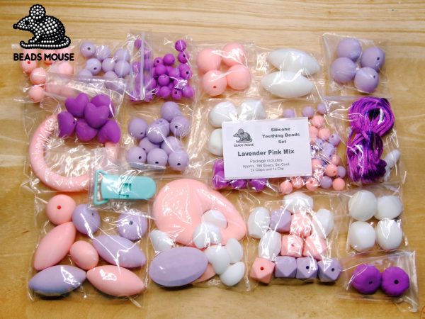 Silicone Teething Beads Set Lavender Pink Over 160 Beads 5m Cord beads mouse